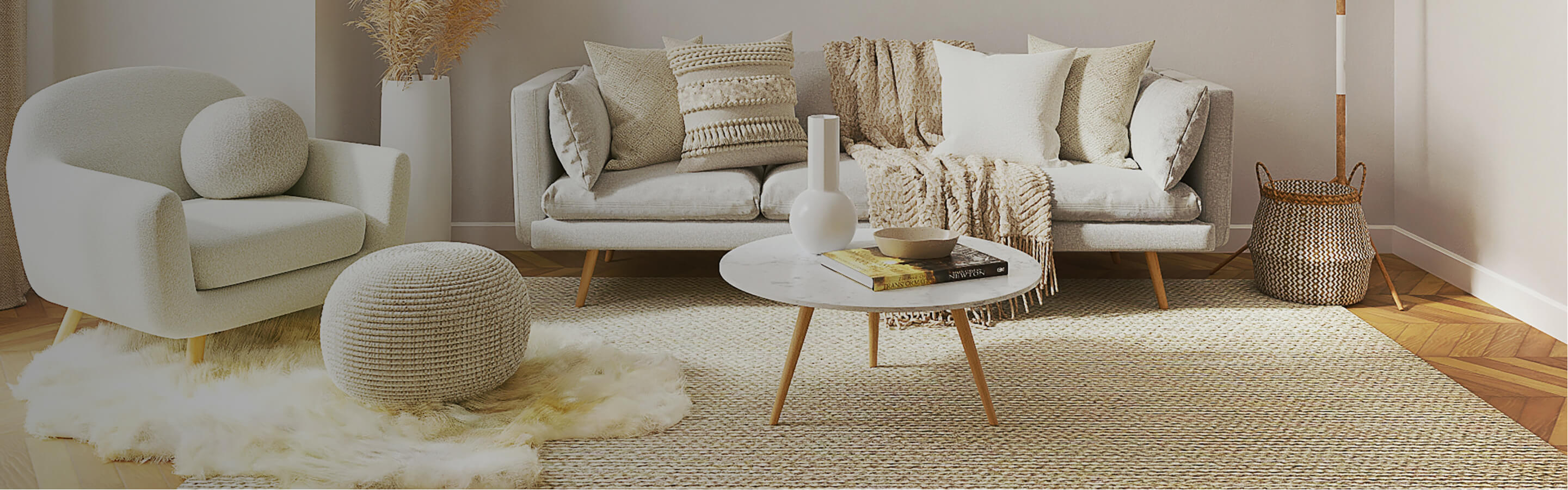 Medium hardwood in cream living room with area rug. 